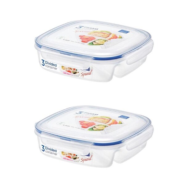 2x Locknlock 750ml Airtight Classic Special 3-Section Lunch Food Container Clear
