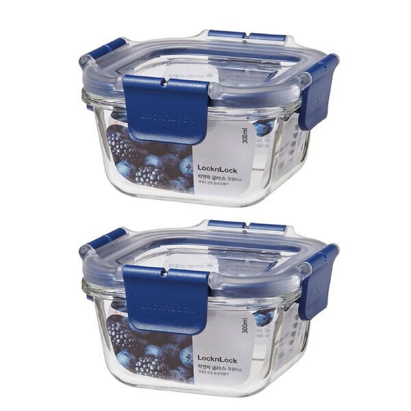 2x LocknLock Top Class 300ml Glass w/ Tritan Lid Square Container Storage Blue
