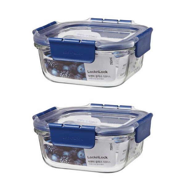 2x LocknLock Top Class 750ml Glass w/ Tritan Lid Square Container Storage Blue