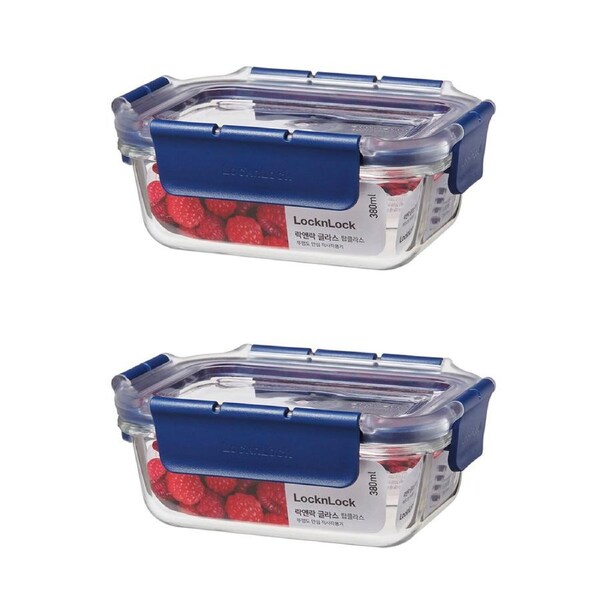 2x LocknLock Top Class 380ml/15cm Glass w/ Tritan Lid Rectangular Container Blue