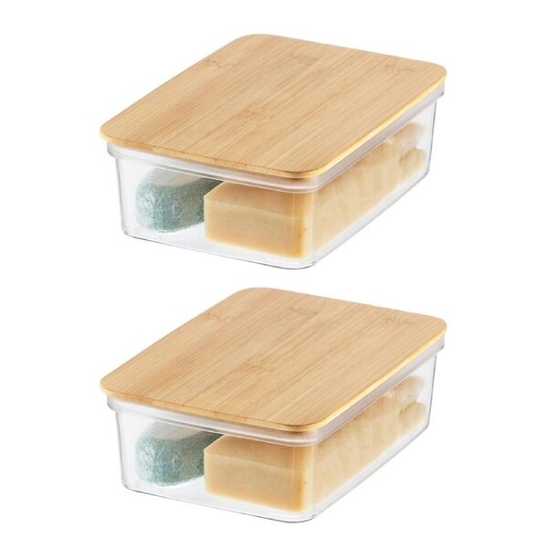 2x Oggi Storage Bin Stackable Food Container Organiser w/ Bamboo Lid Small Clear