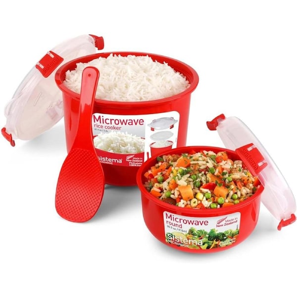 Sistema Microwave Rice Cooker (2.6L) and Round Microwave Food Container (915ml) BPA-Free, Red/Clear