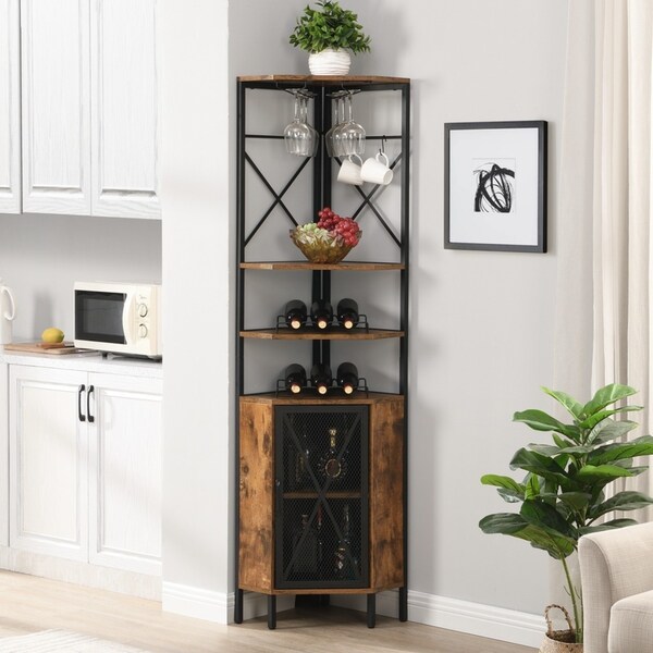 IHOMDEC 6-Tier Pentagon Corner Wine Rack with Storage Cabinet Rustic Dark Brown
