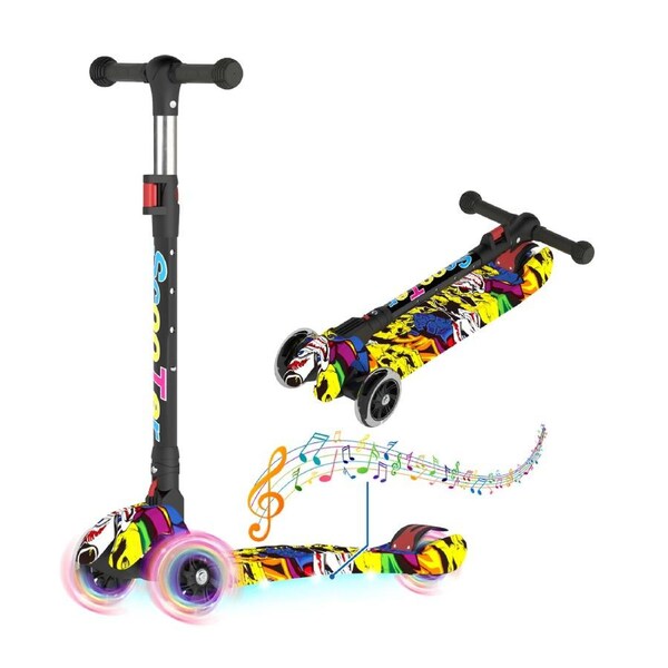 Advwin Kids Scooter 3 Wheels Folding Music Light Up Kick Scooter 4 Adjustable Height for Ages 3-12