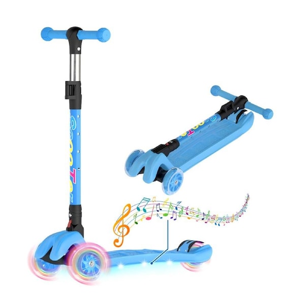 Advwin Kids Scooter 3 Wheels Folding Music Light Up Kick Scooter 4 Adjustable Height for Ages 3-12 Blue