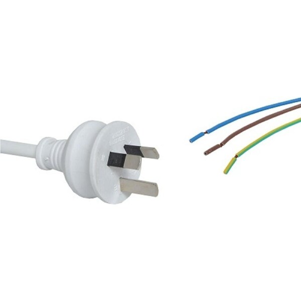White 10A 3 Pin Plug Mains Cord with Bare Wire end 2M