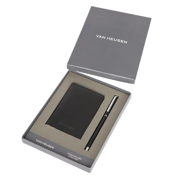 2pc Van Heusen Men's Portrait Leather Money Card/Cash Wallet w/Pen Accessory BLK