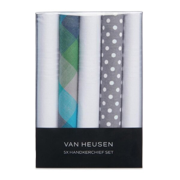 5pc Van Heusen Men's Pocket Hankie/Hanky 100% Cotton Handkerchief Set Green/Grey