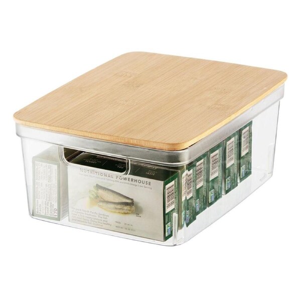 Oggi Storage Bin Stackable Food Container Organiser w/ Bamboo Lid Medium Clear