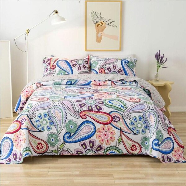 100% Cotton Cover Lightly Quilted Coverlet Set Paisley Colourful Queen