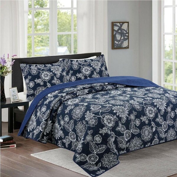 100% Cotton Lightly Quilted Coverlet Set Jardin Navy Queen