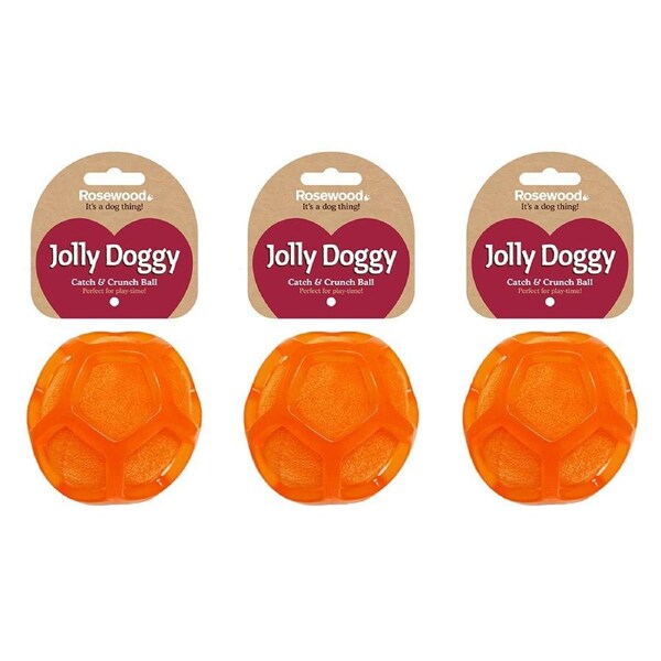 3x Rosewood Jolly Doggy Catch & Crunch Ball Pet Dog Chew Fun Playing Toy Orange