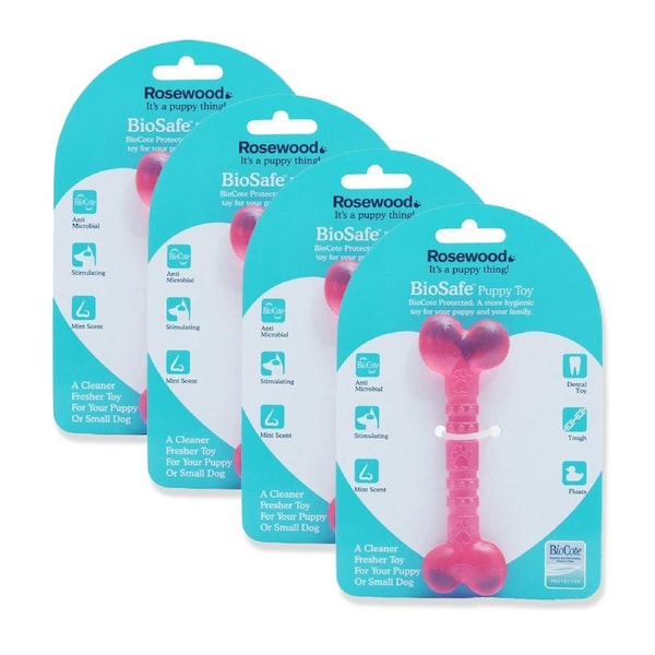 4x Rosewood Biosafe 12cm Puppy Antimicrobial Bone Pet Dog Chew Training Toy Pink