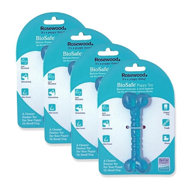4x Rosewood BioSafe Puppy Antimicrobial Bone Pet Dog Chew Dental Fetch Toy Blue