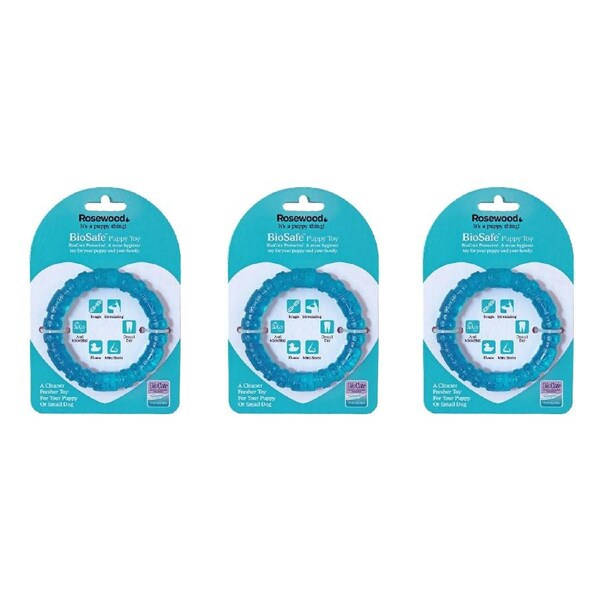 3x Rosewood Biosafe Puppy 9.5cm Ring Pet Dog Dental Chew Training Fetch Toy Blue