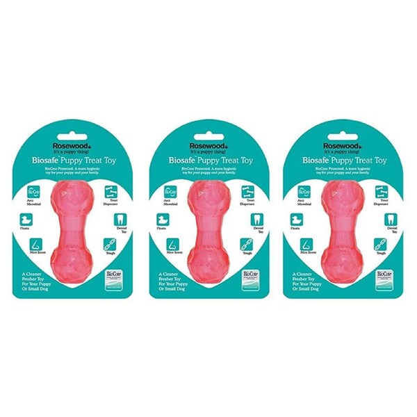 3x Rosewood Biosafe Puppy Treat Dispensing Dumbbell Pet Dog Train Play Toy Pink