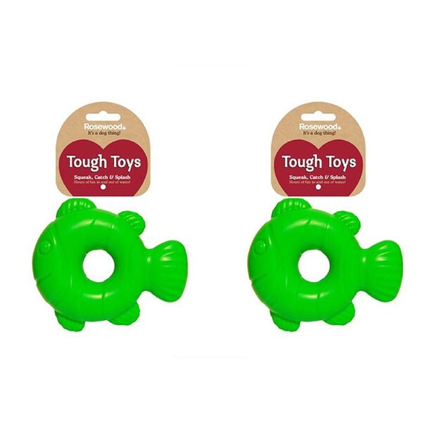 2x Rosewood 16.2cm Squeaky Tough Fish Pet Dog Rubber Float Toy Interactive Green
