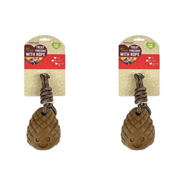 2x Rosewood Treat Pinecone w/ Rope Pet Dog Interactive Fetch Fun Play Toy Brown