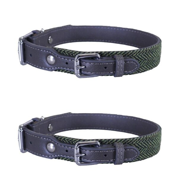 2x Rosewood 34.3cm Leather Pet/Dog Neck Collar Strap S Forest Herringbone/Grey