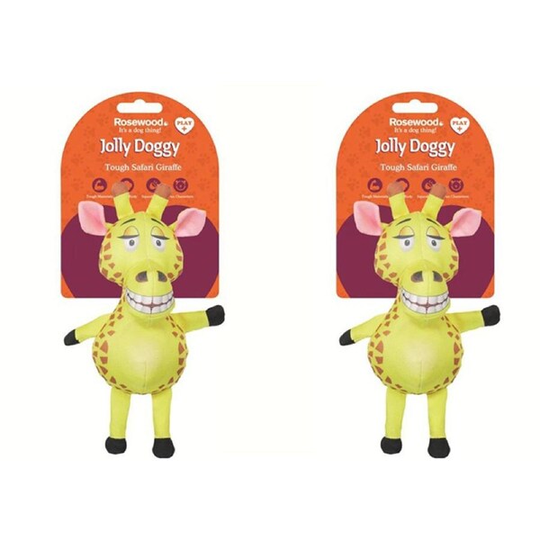 2x Rosewood Jolly Doggy Tough Safari Giraffe Plush Dog Toy Interactive Play YLW