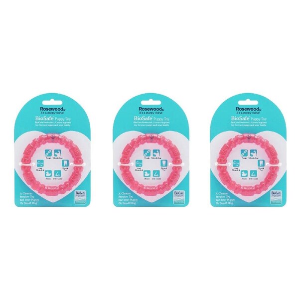 3x Rosewood 9.5cm BioSafe Antimicrobial Puppy Ring Pet Dog Dental Chew Toy Pink