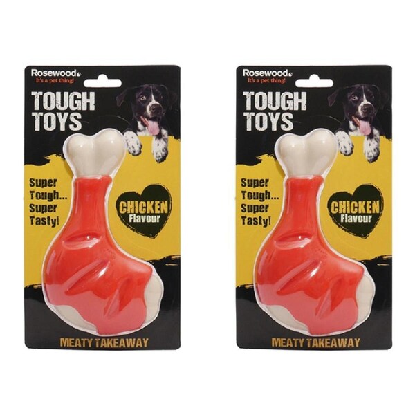 2x Rosewood Tough Toys Meaty Chicken Takeaway Leg Pet Dog Chew Fun Toy Small Red