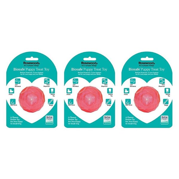 3x Rosewood Biosafe Puppy Treat Ball Pet Dog Chew Dental Interactive Fun Toy PNK