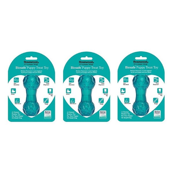 3x Rosewood Biosafe Puppy Treat Dumbbell Pet Dog Chew Hygienic Dental Toy Blue