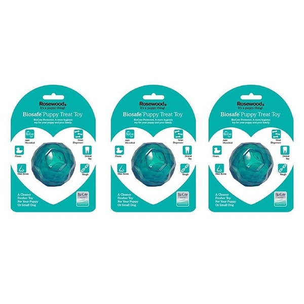 3x Rosewood BioSafe Puppy Treat Ball Pet Dog Dental Chew Bite Fun Play Toy Blue