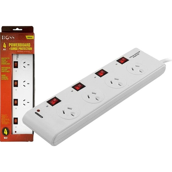 Doss 4 Way Surge Protector Powerboard Power Board Outlet Strip Switch/Socket WHT