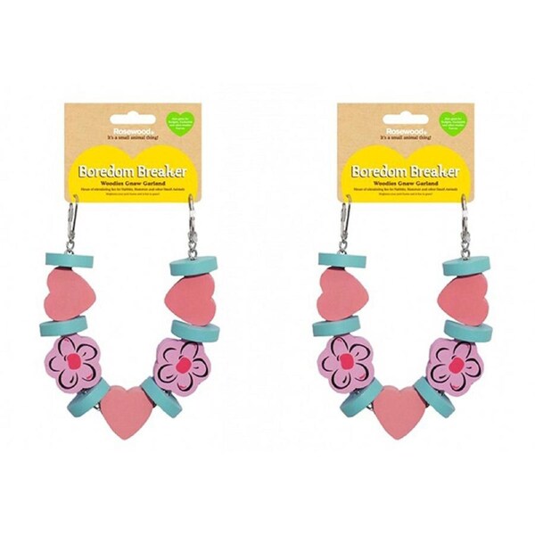 2x Rosewood Woodies Wooden Flower Garland Gnaw/Chew Pet Activity Toy Pink/Blue