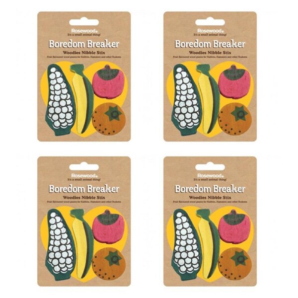 4x Rosewood Wooden Gnaw/Chew Hamsters Activity Fruit Shaped Nibble Stix Pet Toy