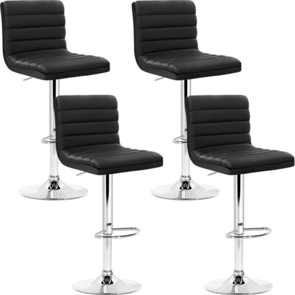 Set of 4 PU Leather Lined Pattern Bar Stools- Black and Chrome