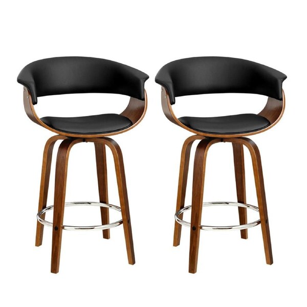 Set of 2 Swivel PU Leather Bar Stool - Wood and Black