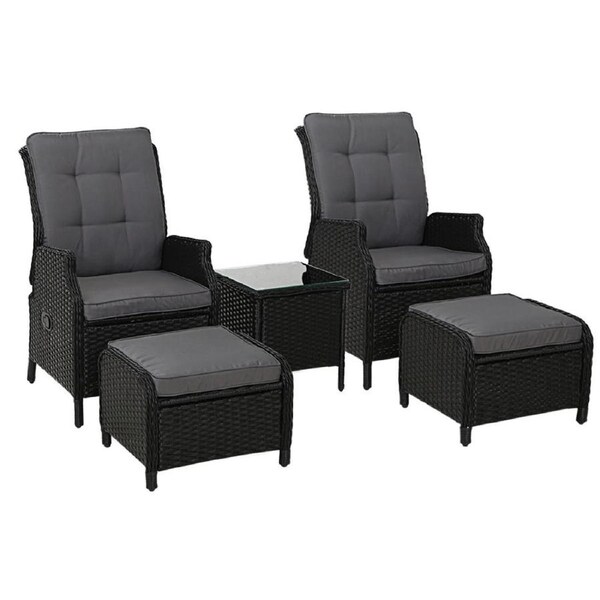 Recliner Chair Lounge Set Outdoor Furniture Patio Wicker Sofa - Black