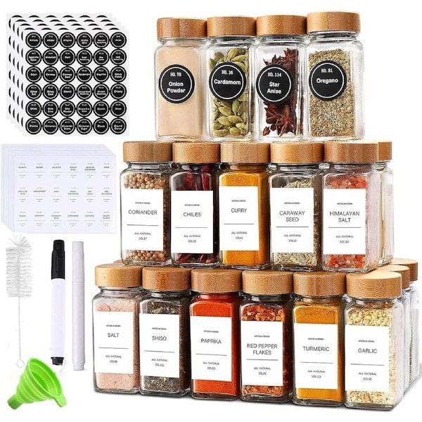 24pcs Glass Spice Jars Bamboo Lids Square Storage Preprinted Labels
