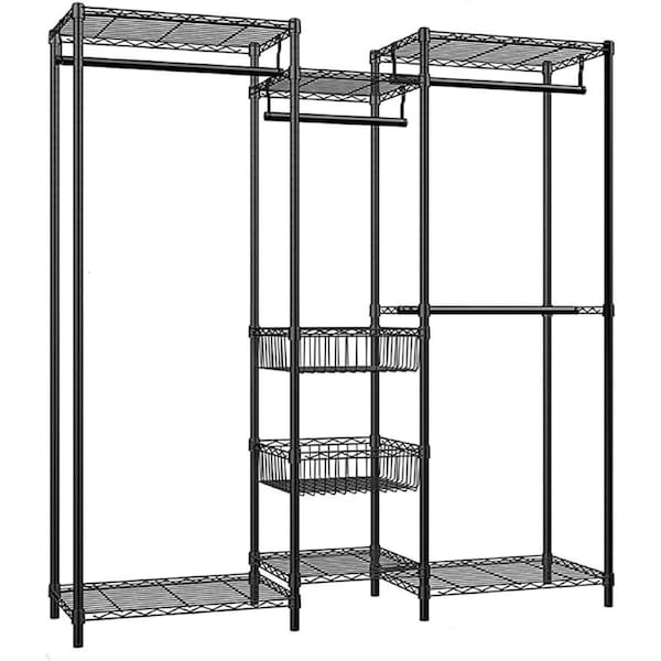 Wire Garment Rack Clothes Hanger Storage Armoire 4 Hanger Rod Shelves Basket