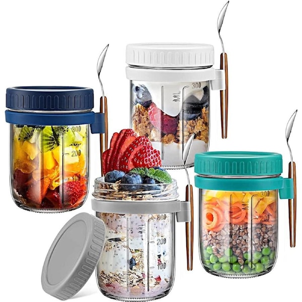 Overnight Oats Jars, Glass Set of 4, Airtight Lids & Spoons, Large Capacity