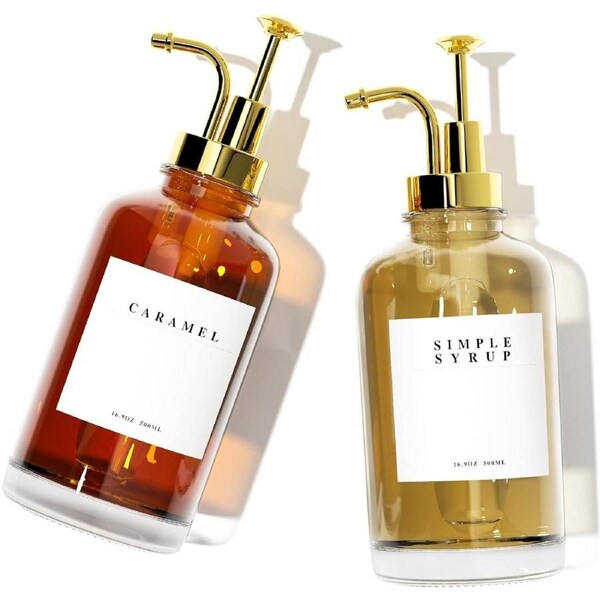 Coffee Syrup Dispenser Bar Accessories Pump Bottle Gold Pumps 42 Labels, Set 2