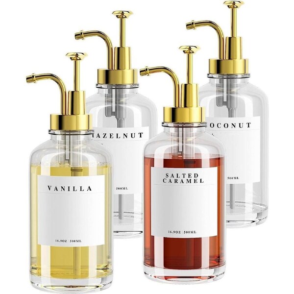 Coffee Syrup Dispenser Bar Accessories Pump Bottle Gold Labels 500ml Set 4