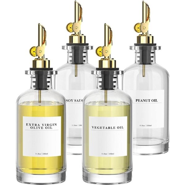 4 Pack Olive Oil Dispensers Bottle, Weighted Pourer 80 Labels Gold 350ml