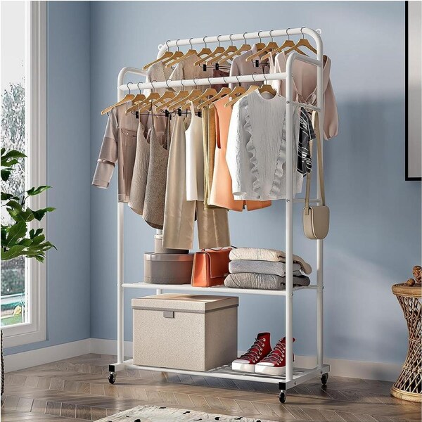 Clothes Rack with Wheels, Double Rails, Multi-Functional Hanging Rack