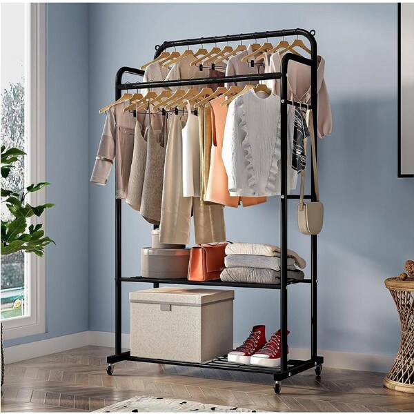 Clothes Rack Wheels Double Rails Multi-Functional Hanging Bedroom