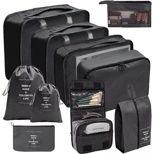 Pack 10 Reusable Packing Cubes Waterproof Luggage Organizers Black