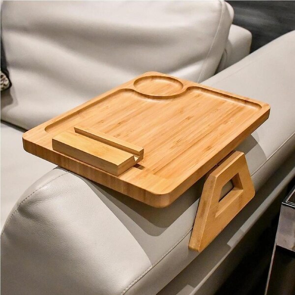 Bamboo Sofa Arm Tray Table Clip-On Coffee Eating TV Phone Bracket