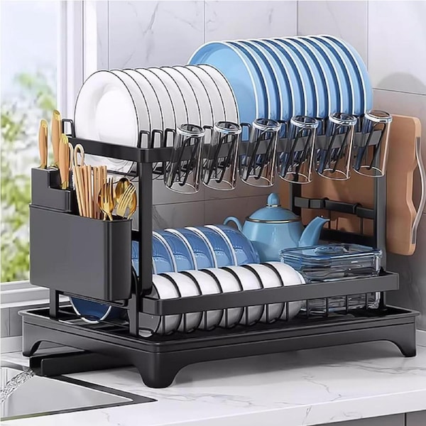 2-Tier Dish Rack with Auto Drain & Rotating Drainer