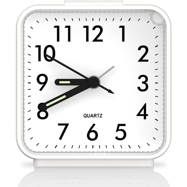 Small Analog Quartz Clock, Silent Alarm, Snooze, Luminous, No Ticking