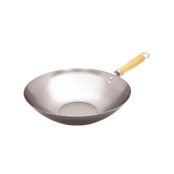 Cuisena 27cm Carbon Steel Stir Frying Wok Cooking Pan w/ Wooden Handle Silver