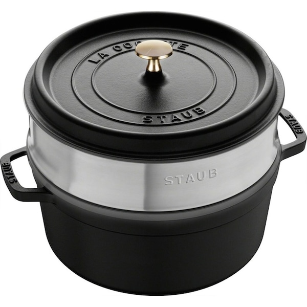 Staub 26cm/5.2L Enamel/Cast Iron Round Cocotte w/ Steamer Pot Cookware Black