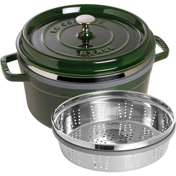 Staub 26cm/5.2L Round Cast Iron Cocotte Pot w/ Steamer Cooking Serving Pot Green